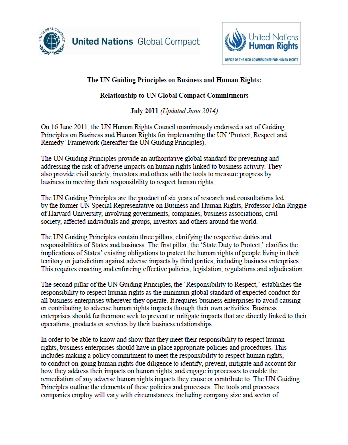 The UN Guiding Principles on Business and Human Rights: Relationship to UN Global Compact Commitments